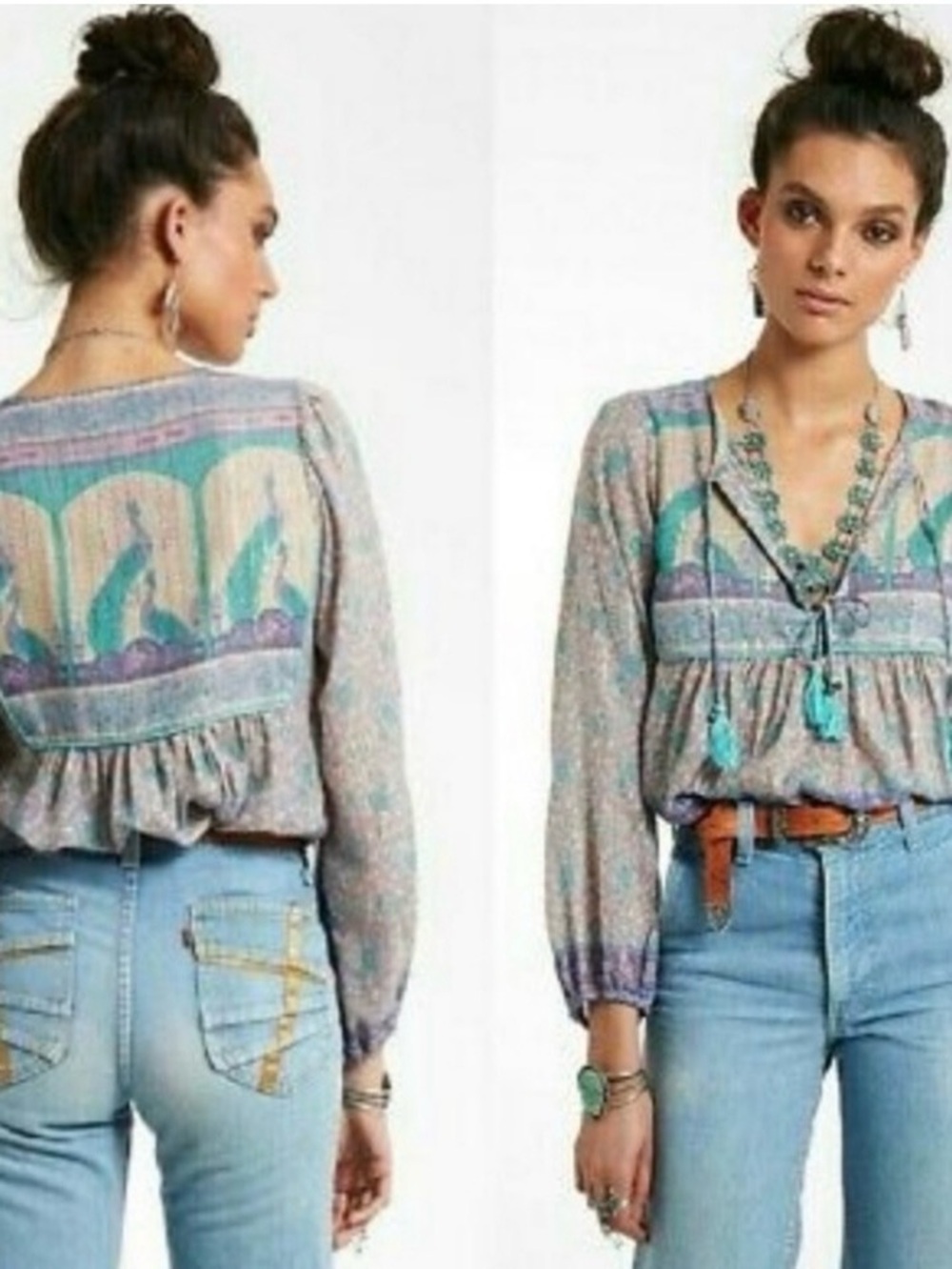 Spell Xandu blouse Floral Boho Blouse in Sage, Lavender & Teal Tassels